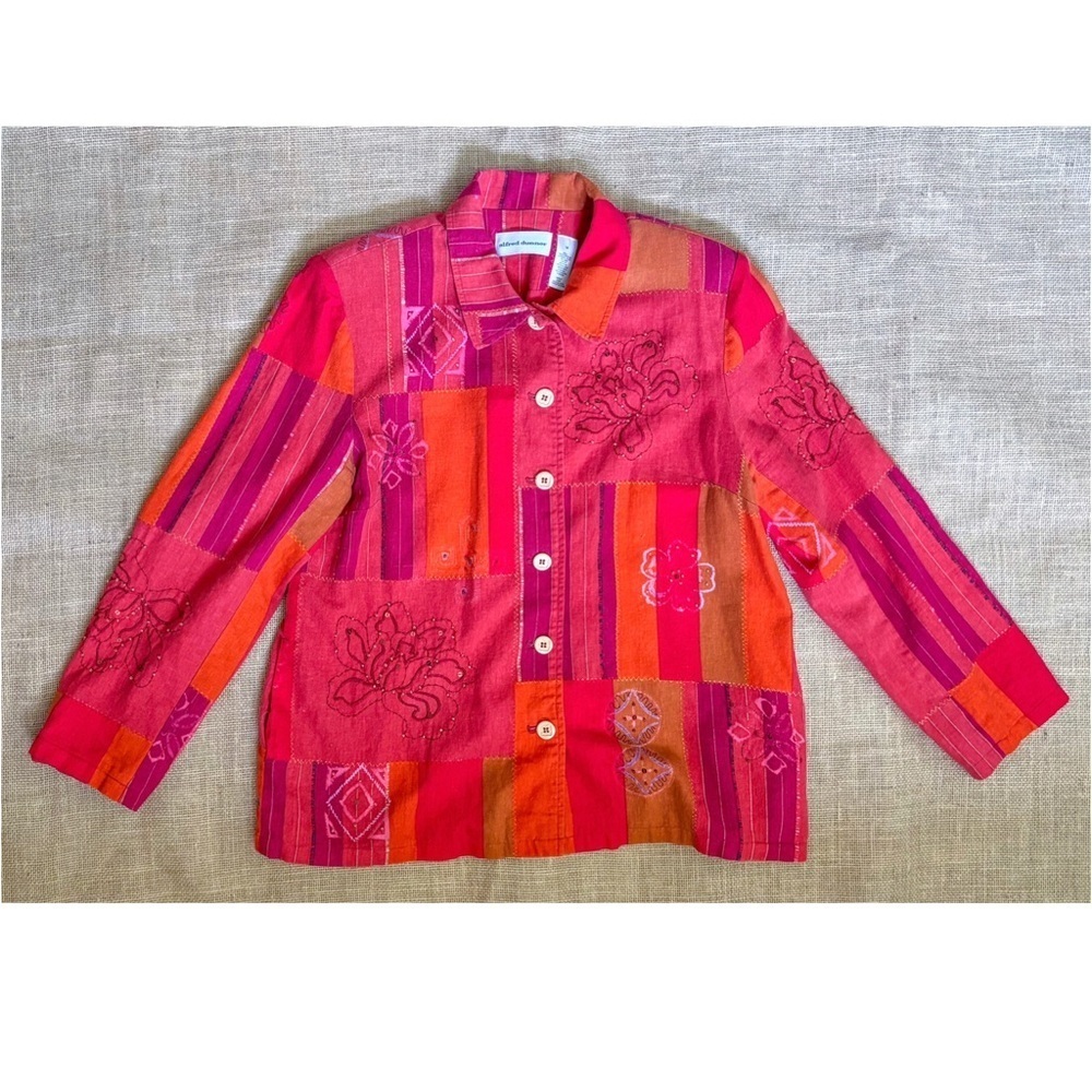 Vintage Plaid Patchwork Bead Sequin Linen Blend Jacket Size 14 Boho Southwestern